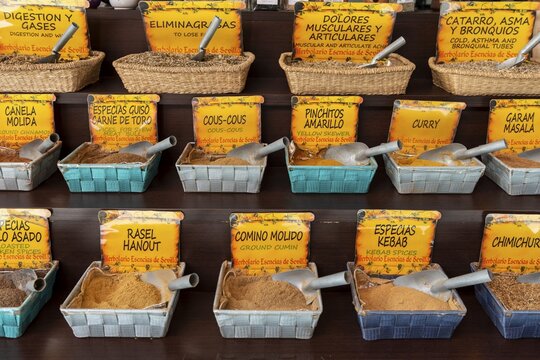 Sales stall with various spices, Seville, Andalusia, Spain