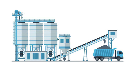 Obraz premium Industrial Concrete Batching Plant Illustration with Silos, Conveyor Belt and Dump Truck