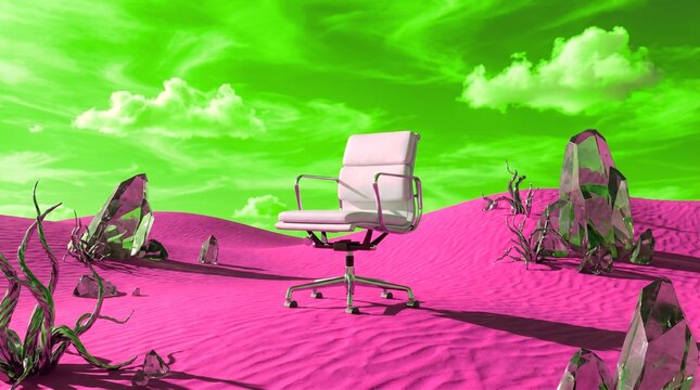 White office chair standing in middle of alien pink sand desert with crystal rocks.