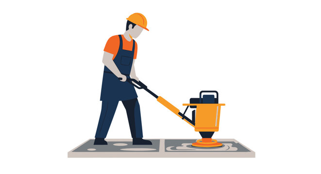 Construction Worker Operating Vibratory Plate Compactor Machine. Flat Vector Illustration of a Laborer Compacting Concrete.