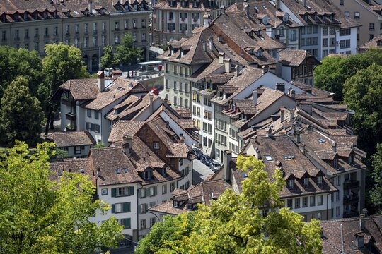 Streets and rows of houses, detail, view of Bern's old town, Bern, Canton of Bern, Switzerland