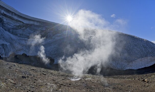 Hot springs in front of the Ishellir ice cave, Hrafntinnusker, Landmannalaugar, Iceland