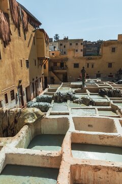 Worker dyeing leather, basin with paint, dyeing, tannery Tannerie Chouara, tanner and dyer quarter, Fes el Bali, Fes, Morocco, Africa