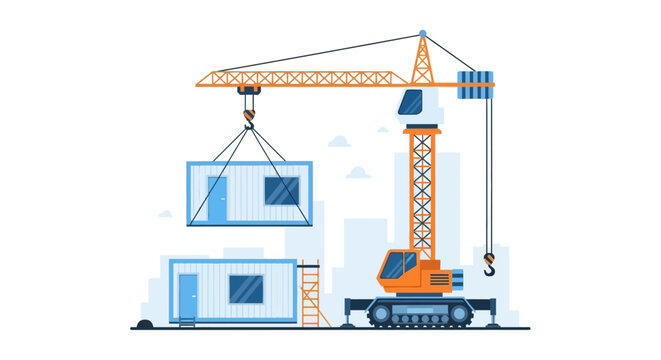 Modular Construction Site with Mobile Crawler Crane Lifting Prefabricated Building Container Unit