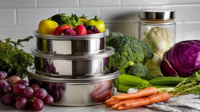 Fresh vegetables and cookware arrangement