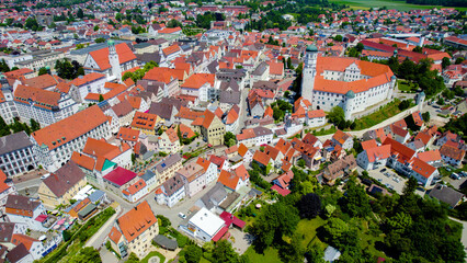 Aerial view of the old town and city Dillingen an der Donau in Germany, Bavaria on a sunny noon spring day © Karl