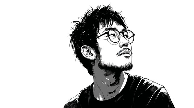 Hand-drawn black and white illustration of a thoughtful young man with glasses and beard looking up, artistic portrait