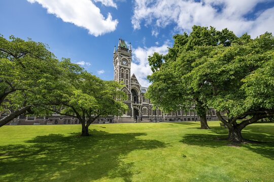 Old neo-gothic main building with bell tower, University of Otago, Dunedin, Otago region, New Zealand