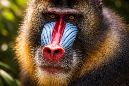Close-up of a colorful mandrill with vivid facial features
