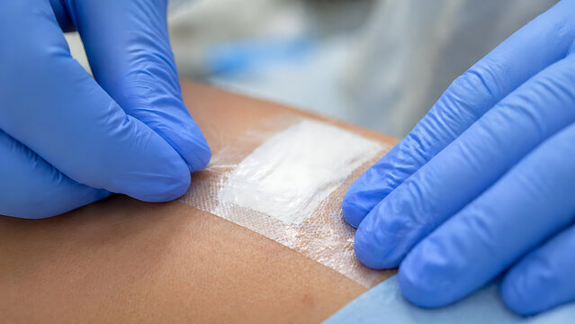 Close Up of Gloved Hands Applying Transparent Medical Dressing on Patient Skin for Wound Protection and Care