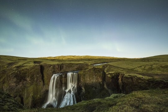 Faint Northern Lights (Aurora Borealis), Fagrifoss Waterfall, Geirlands&aacute; River, Lakagigar Region, Vatnaj&ouml;kull National Park, Highlands, Iceland