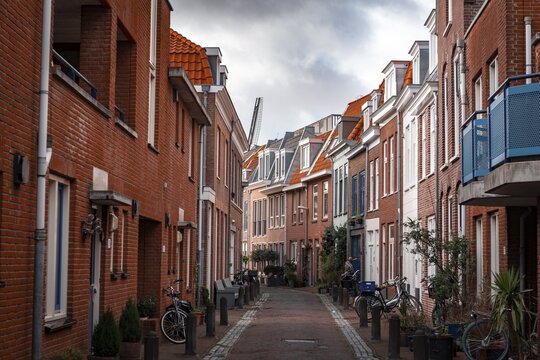 Small street with typical brick houses, Haarlem, Province of North Holland, Holland, Netherlands