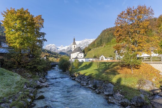 Parish church St. Sebastian with Ramsauer Ache, Ramsau, Berchtesgaden area, Bavaria, Germany