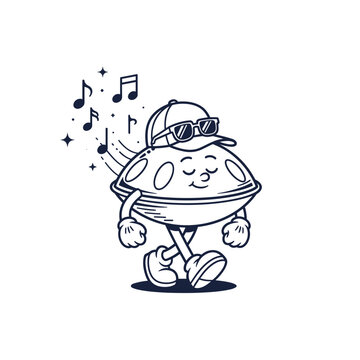 Cool Hang Drum Character Walking with Musical Notes, Retro Cartoon Vector Illustration