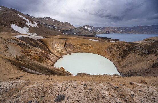 Lake V&iacute;ti and &Ouml;skjuvatn in the crater of the Askja volcano, Dyngjufj&ouml;ll mountain massif, Iceland