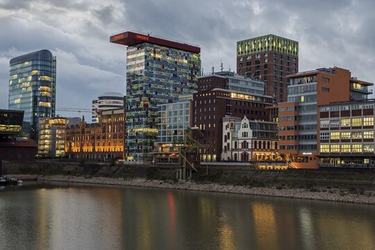 Ensemble of buildings at the Media Harbour, PEC, SIGN!, Alte M&auml;lzerei, Colorium, Roggendorf-Haus, Media Harbour, D&uuml;sseldorf, North Rhine-Westphalia, Germany