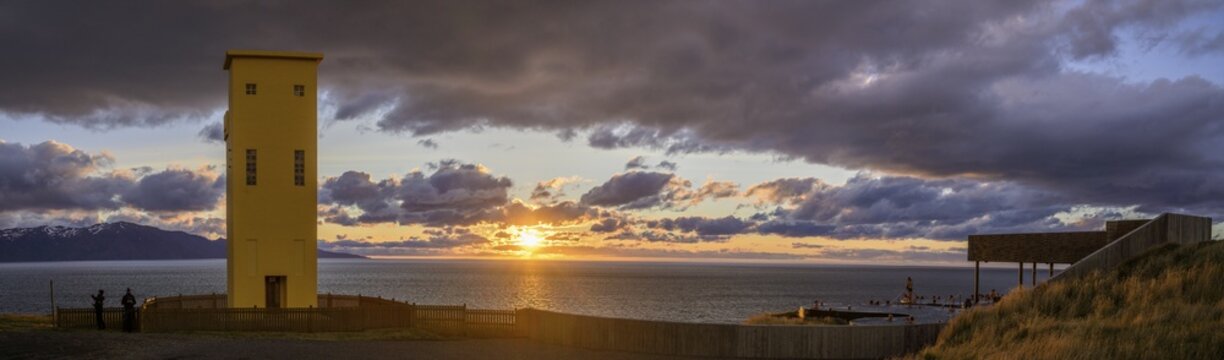 Lighthouse and Geosea Thermal Bath at sunset, H&uacute;savik, Nor&eth;urland eystra, Iceland