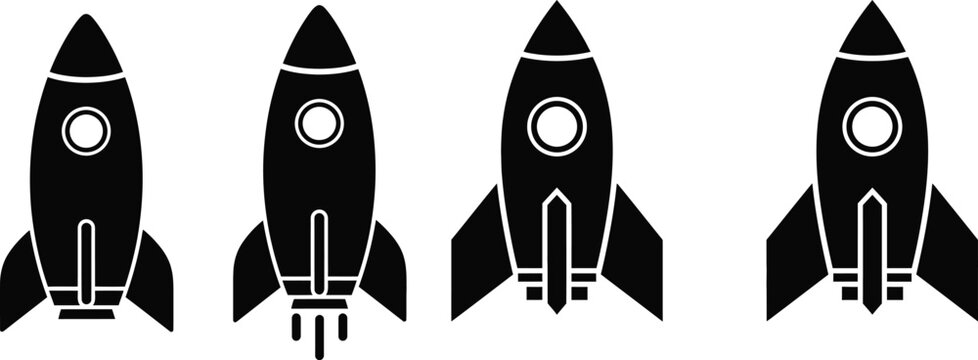 Four black silhouette rockets a space exploration icon set