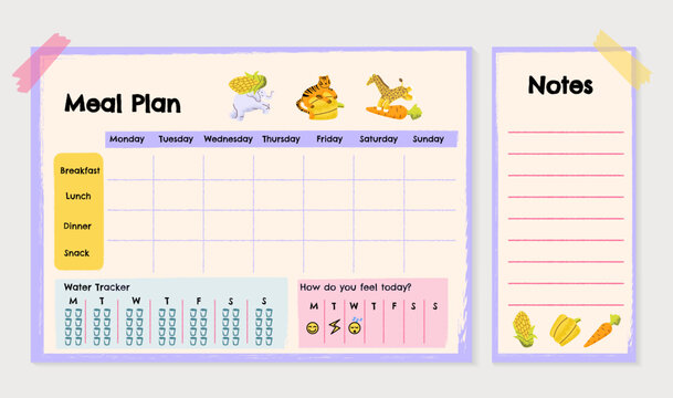 Kids weekly meal planner with cute animals, breakfast lunch dinner snack sections, water tracker, energy tracker, pastel colors, printable template for children nutrition planning
