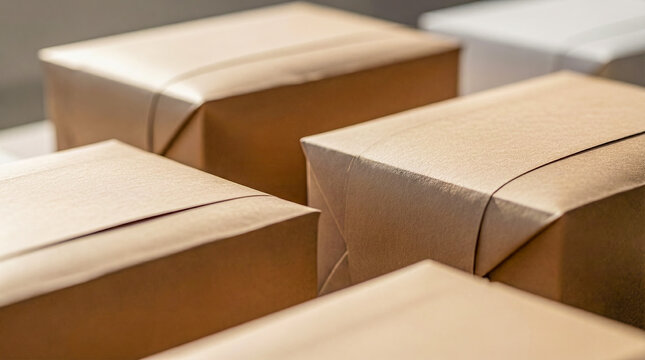 Minimalist Brown Cardboard Shipping Packages Close Up
