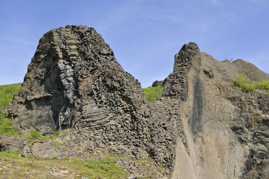 Remnants of volcanic vents made from basalt, Hlj&oacute;&eth;aklettar, Joekuls&aacute;rglj&uacute;fur National Park, Iceland, Europe