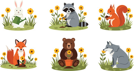 Obraz premium Cute cartoon forest animals sitting among yellow flowers isolated on transparent background, isolated on white background, Vector