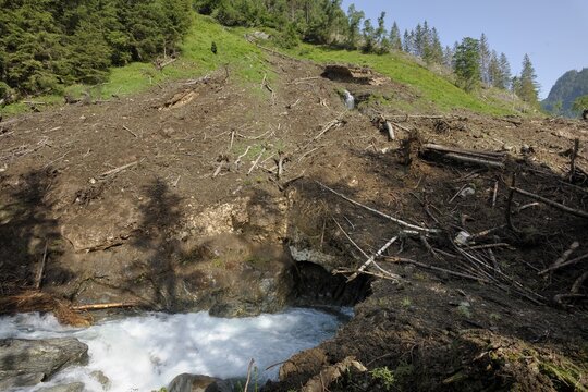Huge avalanche remains in Strieglerbach, Naturpark Soelktoeler nature park, Schladminger Tauern mountains, Styria, Austria, Europe