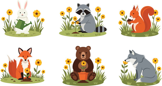 Cute cartoon forest animals sitting among yellow flowers isolated on transparent background, isolated on white background, Vector