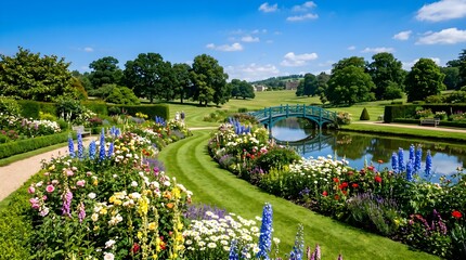 Obraz premium Elegant lakeside garden with sweeping curved lawn, richly planted flower borders and a delicate blue footbridge arching over reflective water, set within rolling parkland and scattered trees beneath a