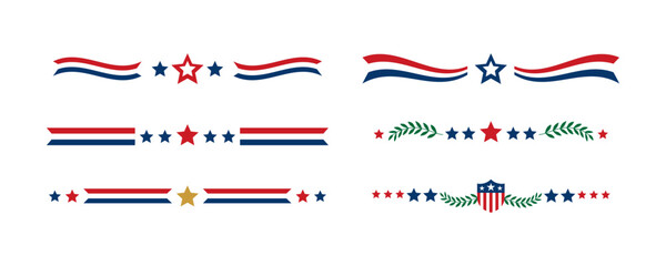 Set of American patriotic dividers with stars, stripes, and laurel wreaths in red, white, and blue colors. Vector borders for Independence Day or Memorial Day designs. USA decorative elements. © LENNAMATS