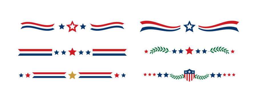 Set of American patriotic dividers with stars, stripes, and laurel wreaths in red, white, and blue colors. Vector borders for Independence Day or Memorial Day designs. USA decorative elements.