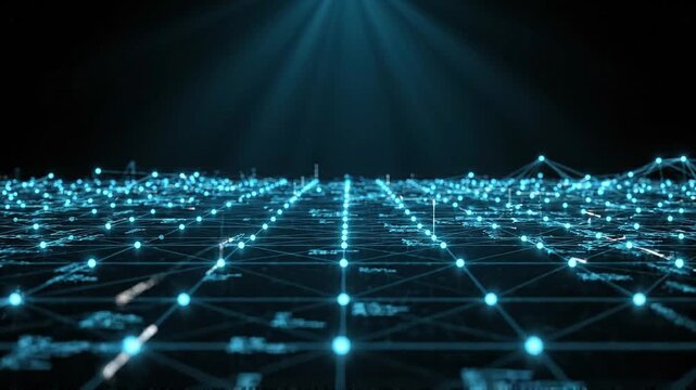 Glowing blue digital connection nodes forming a complex abstract grid pattern in this motion clip