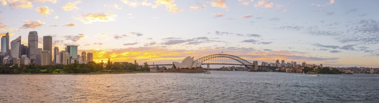 Circular Quay and The Rocks at dusk, skyline with Sydney Opera House, Opera, Financial District, Banking district, Sydney, New South Wales, Australia