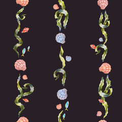 Watercolor seamless pattern with seaweed stripes, clownfish, scallop shells, tropical fish. Marine repeat print, ocean background, black, hand drawn illustration © Evgeniya Platonova