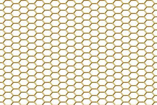 Gold hexagonal metal grid pattern on transparent background