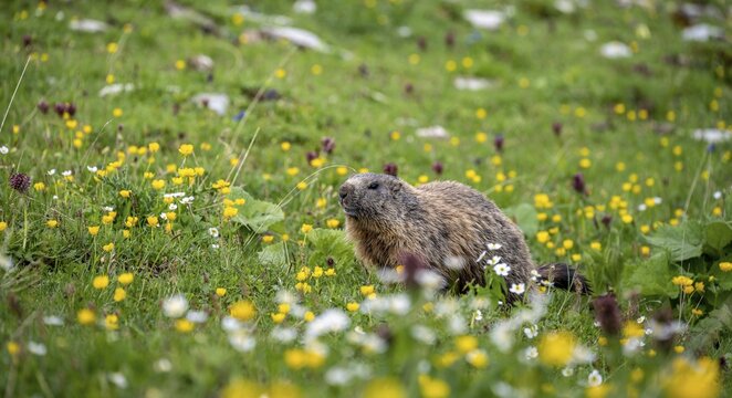 Marmot (Marmota) in a flower meadow, Allg&auml;u Alps, Allg&auml;u, Bavaria, Germany
