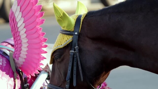 Vibrant video scene featuring two horses dressed in eye-catching costumes. One horse boasts striking pink wings, adding a touch of fantasy, while the other sports bright yellow ear coverings, creating