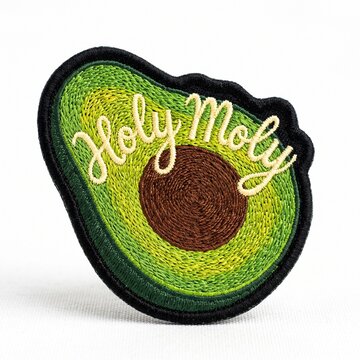 Embroidered patch with avocado design and text 'Holy Moly&rsquo;  
