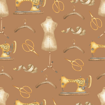 Seamless pattern of seamstress tools brown