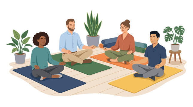 Group of People Meditating Together on Colorful Mats.