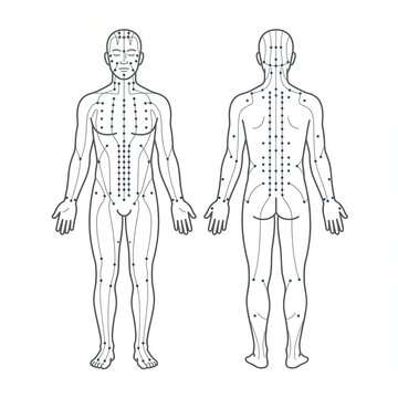 Detailed diagram illustrating the human body's acupuncture points and meridian lines, essential for traditional Chinese medicine therapy, health, and wellness practices