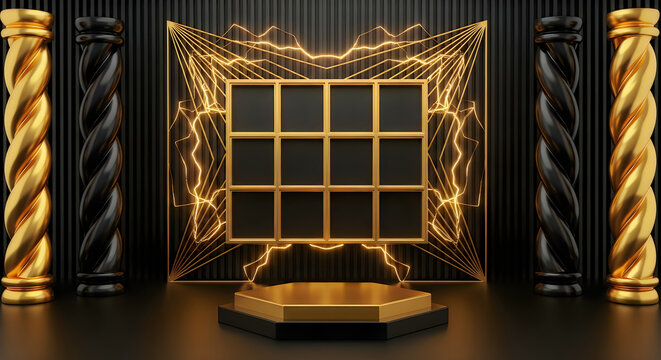 Luxurious gold and black podium with columns and lightning design elements