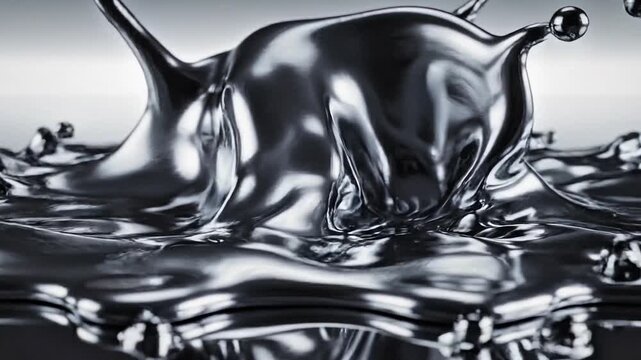 Close-up of liquid metal splashing and morphing into abstract forms, reflective chrome surface, high contrast lighting, futuristic vibe, ultra detailed reflections, 4K ProRes 4444.