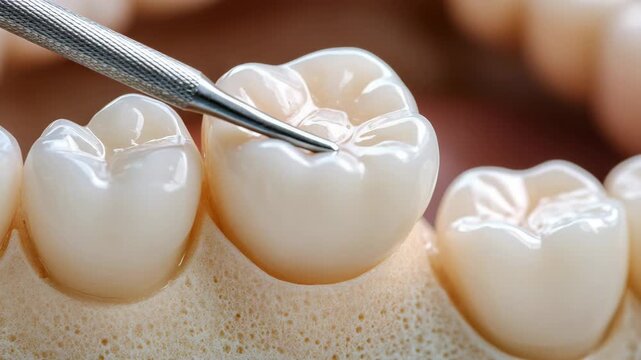selective focus dental restoration specialist placing crown on tooth with precision