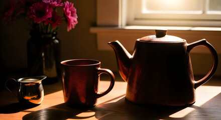 Fototapeta premium Warm tea setting with teapot, cup, and flowers on a wooden table by the window