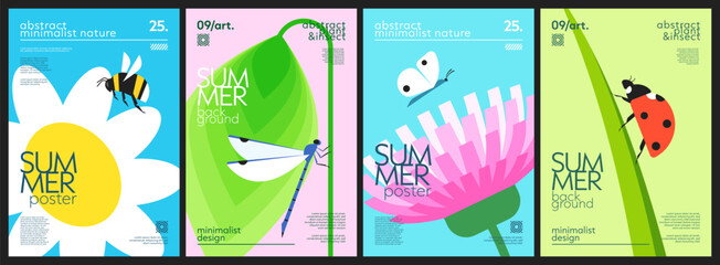 Minimalist geometric set of nature summer backgrounds with butterfly, bumblebee, dragonfly, ladybug, flowers, grass, leaf. Simple modern design of insects and plants for cover, poster, banner, card