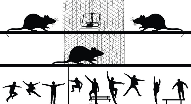 Silhouettes of rats near a mousetrap and a collection of people in active jumping and parkour poses