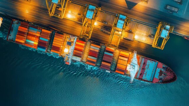 selective focus large cargo ship unloading containers at busy seaport with cranes