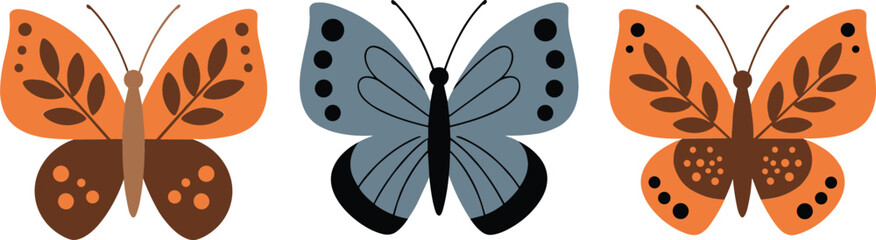 Stylized Butterfly Vector Icon Set Featuring Three Decorative Insects with Folk Art Wing Patterns for Modern Home Decor Textile Design and Elegant Nature Themed Graphic Projects © MDRahamat