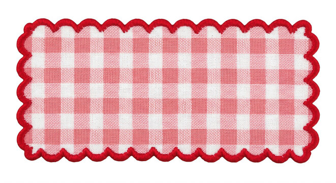 Rectangular fabric patch with a red and white gingham checkered pattern and a decorative scalloped red stitched border on a black background